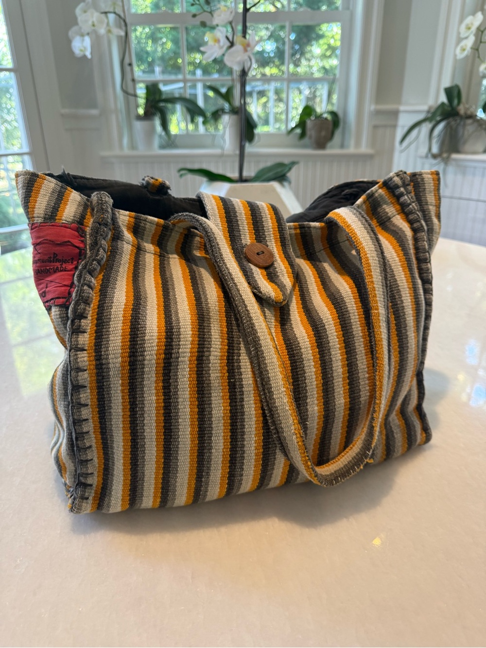 Pokhara Handmade in Nepal Stripe Tote Bag in Mustard, Gray & Black